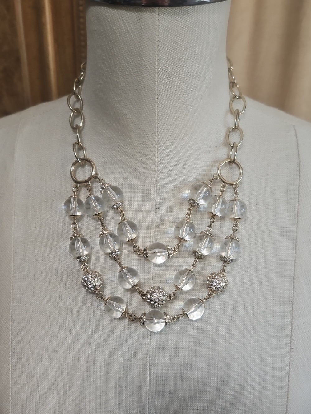 Talbots Silver-Tone Clear Crystal And Gold Rhinestone Three-Strand Necklace 18"+